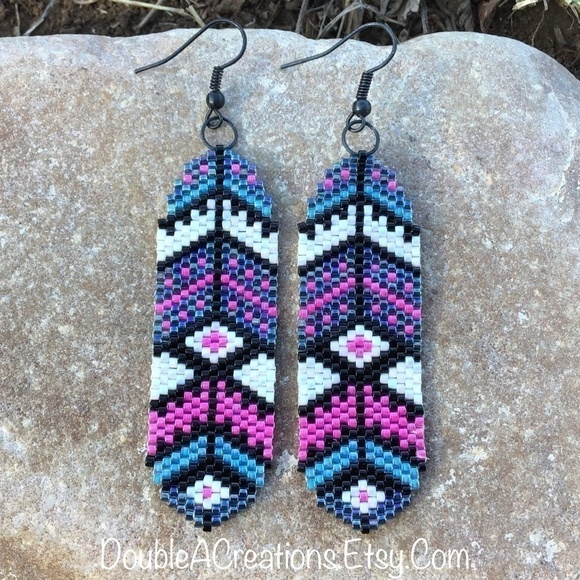Southwest Feathers Beaded Earrings, New, Handmade by Me - Picture 1 of 10